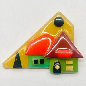 House Pins by Lucinda Resin Art Brooch Whimsical Geometric Cottage Scene 2.25"